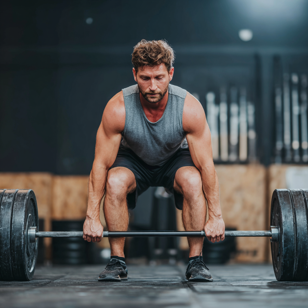 Focused athlete performing deadlift exercise with perfect form in professional gym