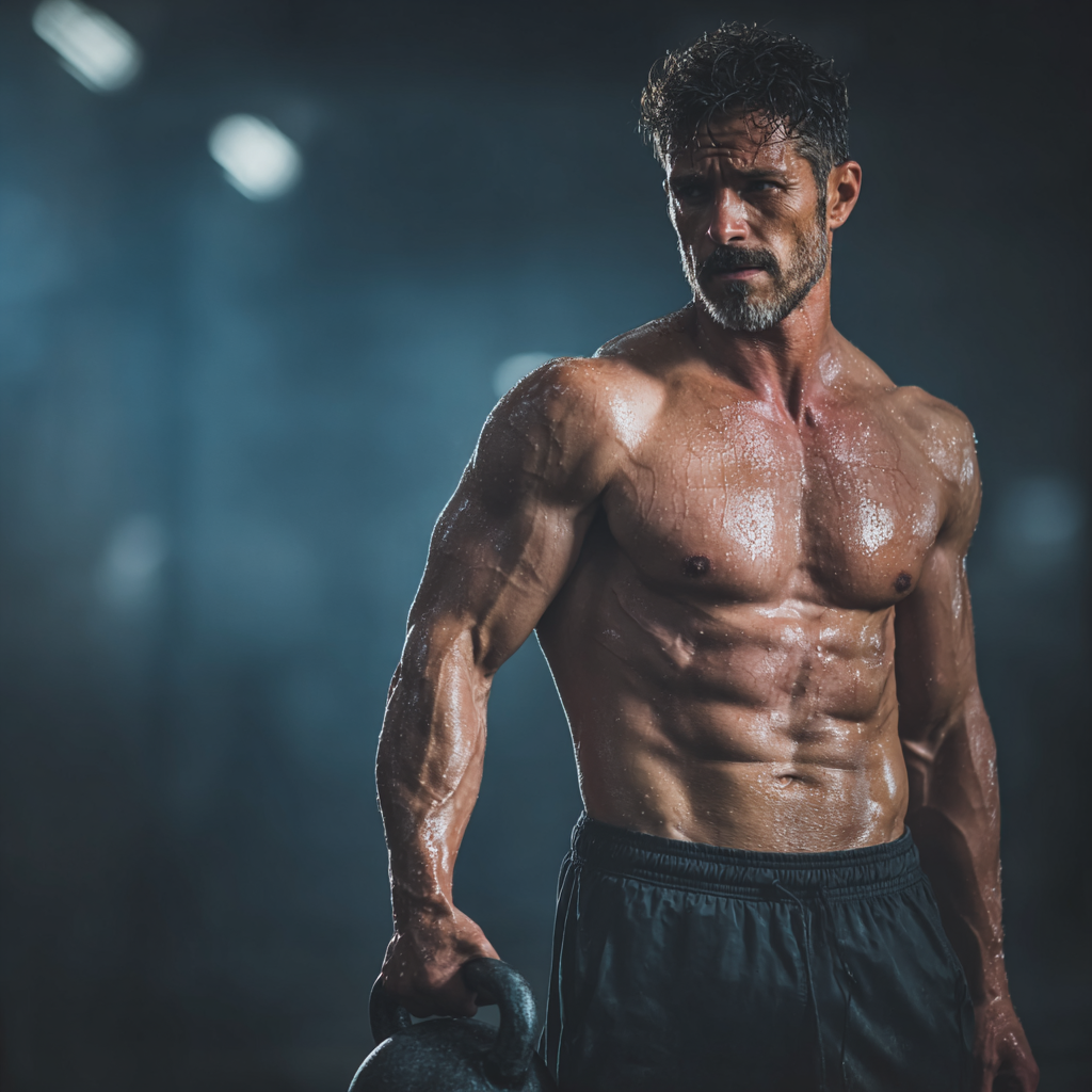 Strong athletic man doing intense workout with kettlebell in modern gym